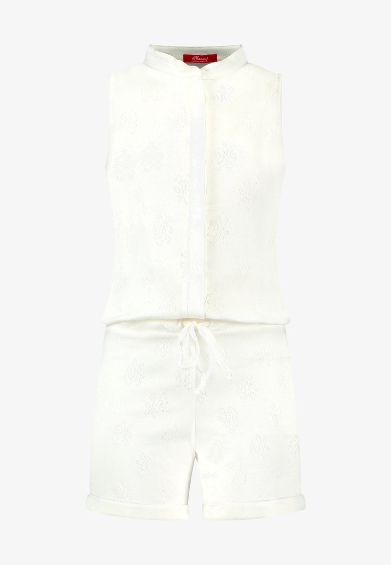 White sleeveless jumpsuit with a stand collar, front button closure, drawstring waist, and textured floral patterns throughout.