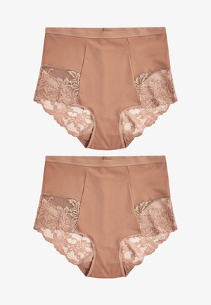 Beige korkeavyötäröiset alushousut, joissa on kukkakuvioista pitsiä sivuilla, ja ne ovat sileäpintaisia sekä vartalonmyötäisiä.