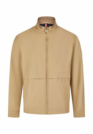 Beige zip-up jack met een geribbelde kraag, twee grote zakken aan de voorkant en een subtiele textuur. Afgewerkt met rode en blauwe accenten.