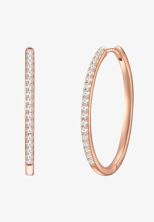 Ohrringe im Hoop-Stil aus roségoldenem Metall, mit einem schlanken Design und einer Reihe kleiner, klarer Kristalle auf einer Seite. Mattiertes Finish an den Kanten.