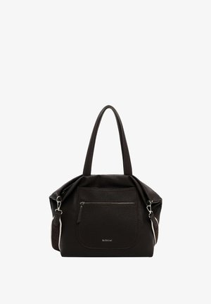 Mørkebrunt struktureret læderhand bag med to korte hanke, en lynlåslomme foran og en aftagelig rem. Har et blødt, slapt design.