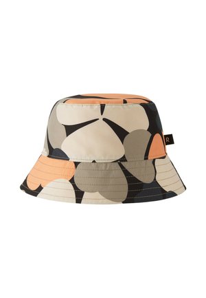 Cappello a secchiello con tesa larga con grandi motivi floreali astratti nei toni beige, pesca, grigio e nero.
