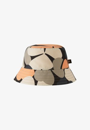 Bucket Hat mit breiter Krempe und großen abstrakten Blumenmustern in Beige-, Pfirsich-, Grau- und Schwarztönen.