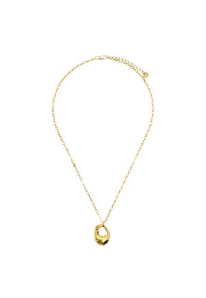 Delikatny złoty naszyjnik z łańcuszkiem, z nieregularną, teksturowaną złotą zawieszką o otwartym, okrągłym wzorze i regulowanym zapięciem.
