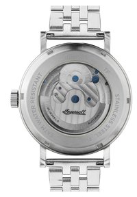 Montre automatique en acier inoxydable avec un fond de boîte transparent affichant des rouages et des accents bleus. Dotée d'un bracelet en métal et d'une résistance à l'eau.