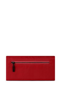 Red zippered pouch made from smooth fabric. Features a contrasting zipper with black hardware. Rectangular shape. Simple design.