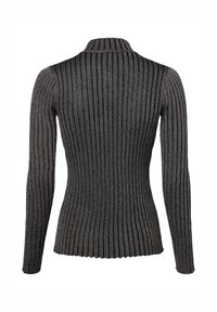 Rippstrickpullover, dunkelgrau mit hellen Streifen, lange Ärmel, hoher Kragen, strukturierter Stoff, taillierte Passform, gewellter Saum an der Taille.