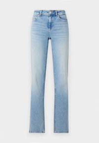 Jeans de mezclilla azul claro con cintura alta, corte recto y un ligero desgastado. Presenta cinco bolsillos y pasadores para cinturón.