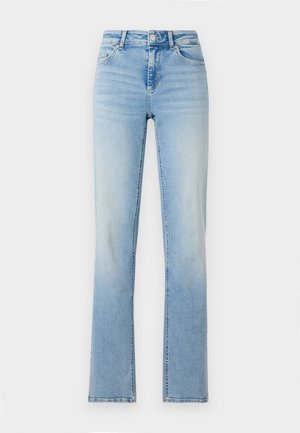 Lyseblå denimjeans med høj talje, lige ben og subtilt slid. Har fem lommer og bæltestropper.