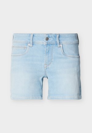 Svetlomodré rifle krátke nohavice so zapínaním na predné gombíky, zips, pútkami na opasok a štýlom s piatimi vreckami.