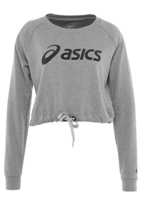 Sweatshirt corto grigio con maniche lunghe, orlo con coulisse e un grande logo nero "asics" sul davanti. Tessuto morbido.