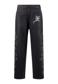 Svarta denimbyxor med vida ben som har intrikata grå blommönster på sidorna och en logodetalj på bakfickan.