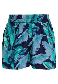 Shorts bleu marine avec une ceinture élastique, présentant un motif de feuilles tropicales en bleu sarcelle et bleu clair, fabriqués à partir d'un tissu léger.