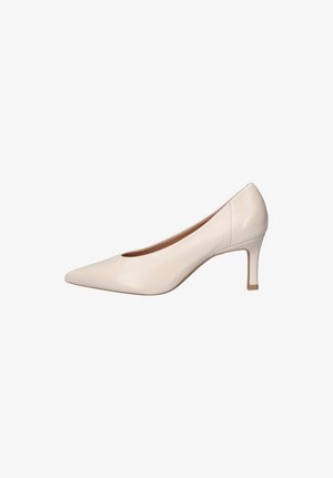 Beige pointed-toe high heel shoe with a slim mid-height heel, smooth finish, and simple design shown in side profile.