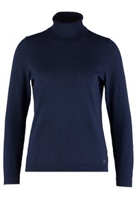 Granatowy sweter z golfem wykonany z miękkiej dzianiny, z długimi rękawami, prążkowanymi mankietami i akcentowanym logo na dolnym brzegu.