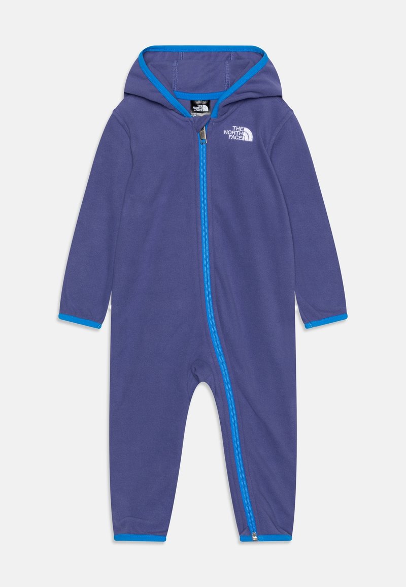 Lila fleeceheldräkt med huva, ljusblå dragkedja och kanter, med långa ärmar och en ledig passform, designad för värme och komfort.