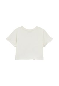 Camiseta blanca de algodón con mangas cortas y acampanadas, y cuello redondo. La tela parece suave y ligeramente texturizada, con un ajuste corto.