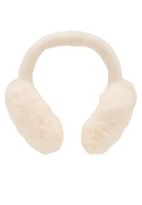 Cache-oreilles en fausse fourrure de couleur crème avec un bandeau rembourré, doté de protections d'oreilles douces et duveteuses et d'un design profilé pour le confort.