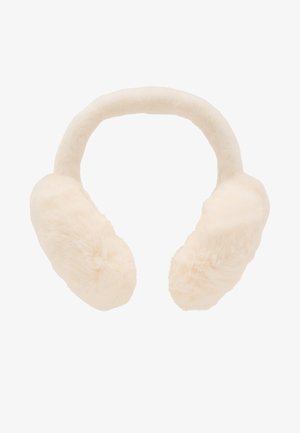 Cache-oreilles en fausse fourrure de couleur crème avec un bandeau rembourré, doté de protections d'oreilles douces et duveteuses et d'un design profilé pour le confort.