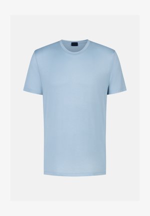 T-shirt à manches courtes et col rond de couleur bleu clair avec un design uni, présenté sur un fond neutre.
