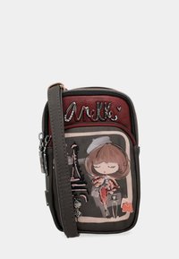 Borsa a tracolla multicolore con finitura lucida. Presenta un design grafico di una ragazza e della Torre Eiffel. Include una cerniera e una tracolla regolabile.