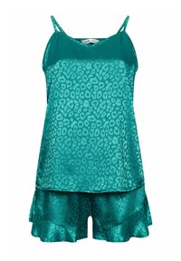 Silkiga teal pyjamas med ett leopardmönster. Camisole med tunna axelband, i kombination med shorts med volangkant. Slät yta.
