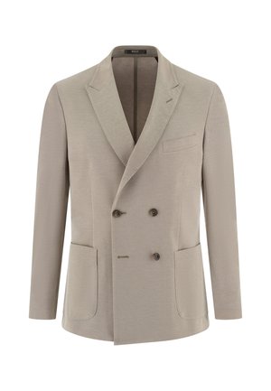 Beige herenblazer met dubbele knoopsluiting, klepboorden, drie knopen, twee voorzakken met klep en één borstzak met bies.