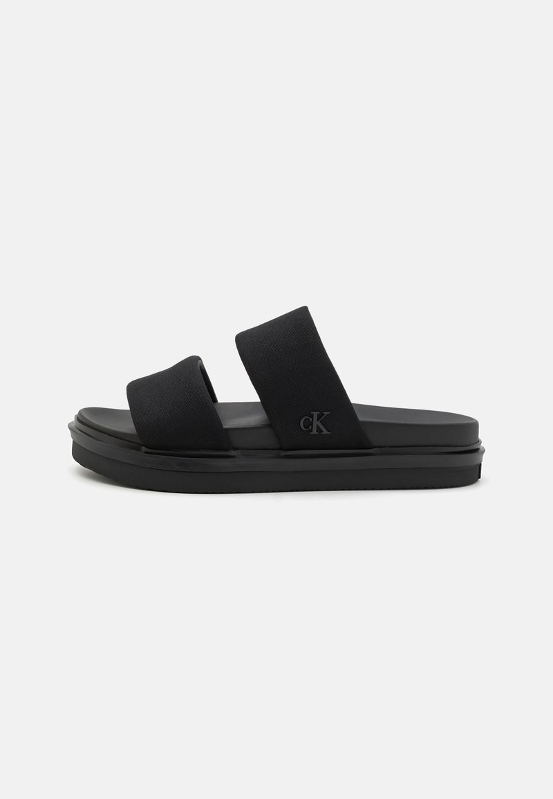 Black slide sandals featuring two wide fabric straps, a molded footbed, and a thick platform sole with a subtle logo detail.