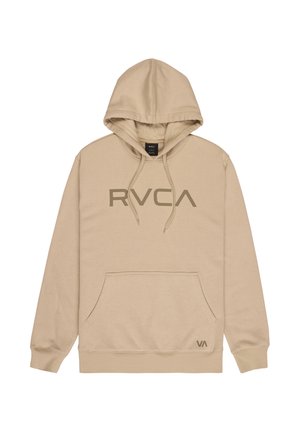 Beiger Hoodie mit großem "RVCA"-Logo auf der Vorderseite, Kängurutasche, verstellbarer Kapuze mit Kordelzug sowie gerippten Bündchen und Saum.