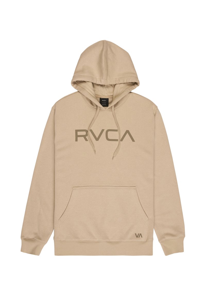Beżowa bluza z kapturem z dużym logo "RVCA" na przodzie, kieszenią kangurka, regulowanym kapturem z troczkiem oraz ściągaczami na rękawach i dole.
