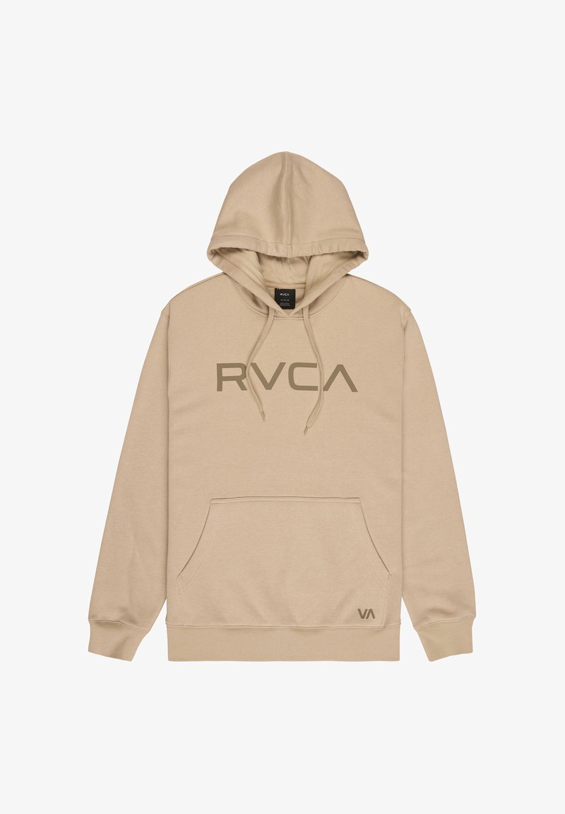 Beżowa bluza z kapturem z dużym logo "RVCA" na przodzie, kieszenią kangurka, regulowanym kapturem z troczkiem oraz ściągaczami na rękawach i dole.