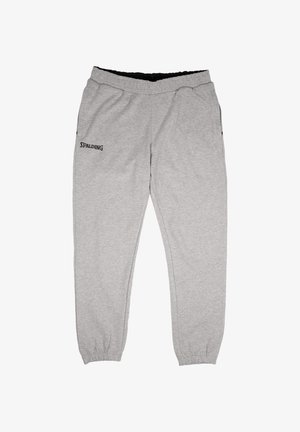 Graue Sweatpants aus Baumwollmischgewebe mit einem elastischen Bund, Bündchen an den Knöcheln und einem schwarzen gestickten Logo am linken Oberschenkel.