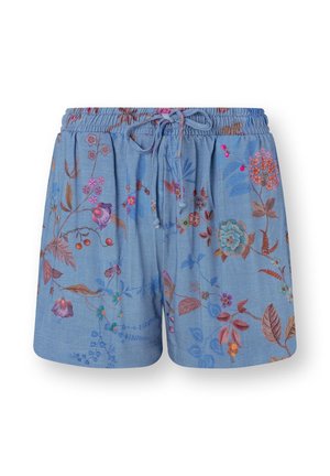 Blauwe katoenen korte broek met elastische tailleband en trekkoord, voorzien van een meerkleurige bloemenprint met bladeren en kleine bloemen.