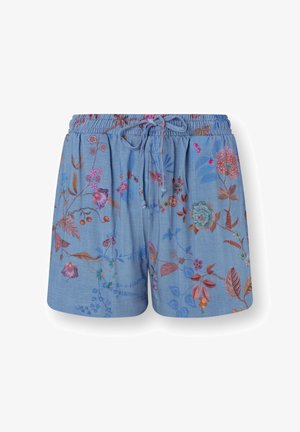 Blauwe katoenen korte broek met elastische tailleband en trekkoord, voorzien van een meerkleurige bloemenprint met bladeren en kleine bloemen.