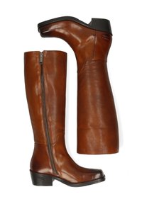 Botas marrones de cuero hasta la rodilla con una textura suave, que cuentan con una cremallera lateral y un tacón bajo. El diseño presenta una silueta elegante.