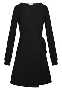 Robe portefeuille noire en tissu tricoté, dotée d'un col en V, de manches longues, d'une ceinture à nouer à la taille et d'une silhouette évasée en ligne A.