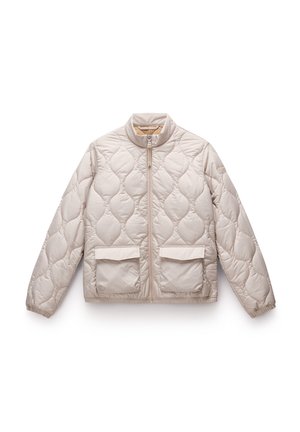 Gewatteerde jas in lichtbeige, met een hoge kraag, sluiting met rits aan de voorkant, twee grote voorzakken en een doorgestikt patroon.
