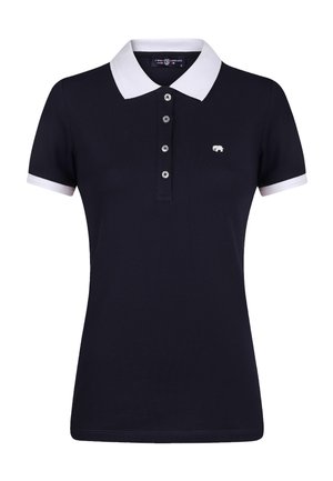 Marineblaues kurzärmeliges Polohemd mit weißem Kragen und Ärmelsäumen, vier Knöpfen und kleinem weißem Elefantenlogo auf der Brust.