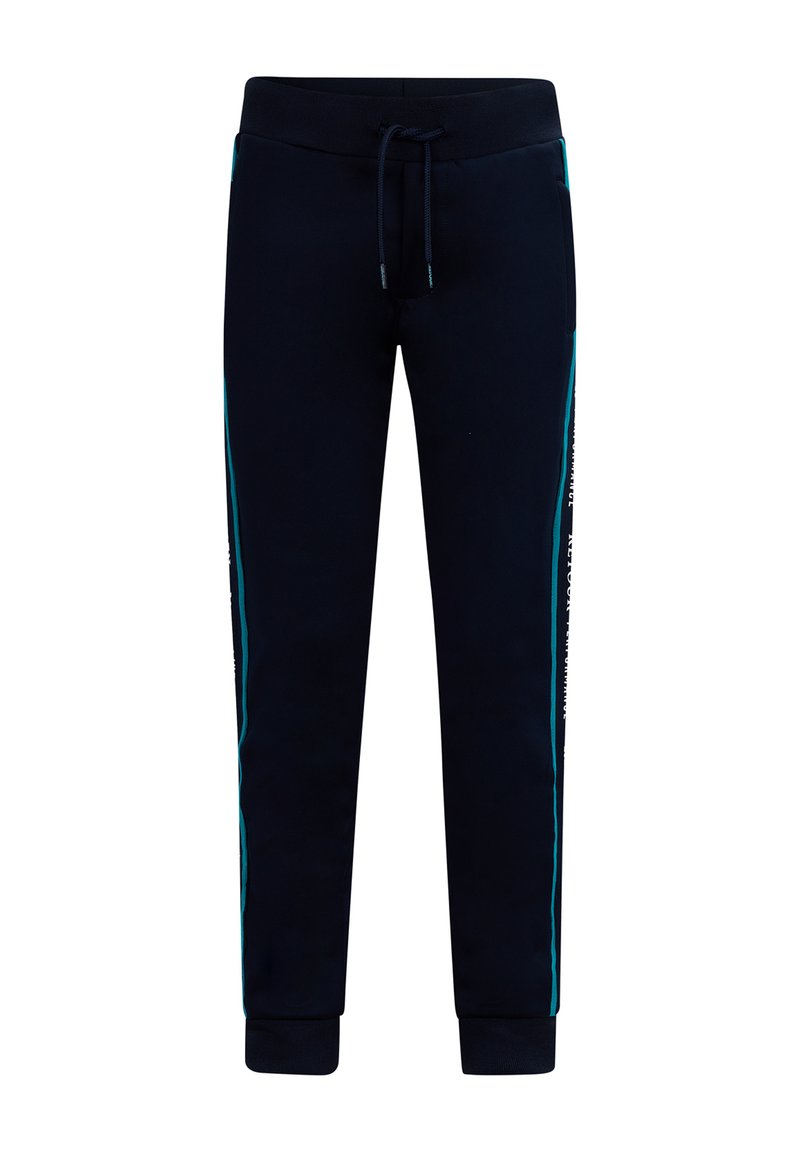 Marineblaue Sweatpants aus weichem Stoff, mit einem Kordelzugbund, elastischen Bündchen und kontrastierenden tealfarbenen Seitenstreifen mit Textakzenten.