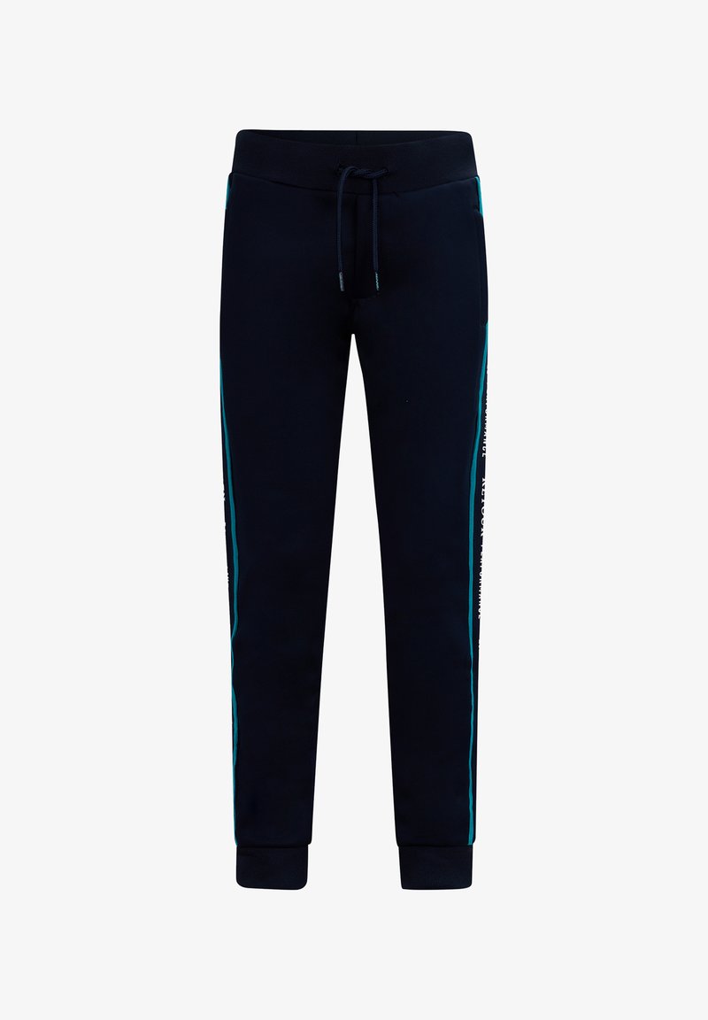 Marineblaue Sweatpants aus weichem Stoff, mit einem Kordelzugbund, elastischen Bündchen und kontrastierenden tealfarbenen Seitenstreifen mit Textakzenten.