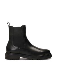 Black leather Chelsea boot with elastic side panels, round toe, and a thick, ridged rubber sole. Features a pull tab for easy wear.