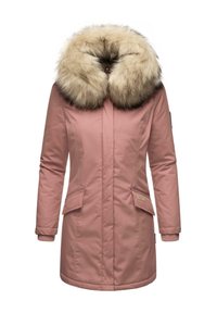 Pink insulated coat with a detachable faux fur hood, featuring two front pockets and ribbed cuffs for a secure fit.
