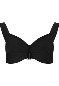 Svart behå i ett slätt, texturerat tyg. Har justerbara axelband, hakknäppning bak och en klassisk bygelform.