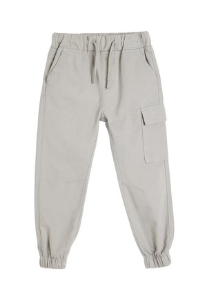 Pantaloni cargo grigi chiari in cotone, con vita elastica, cordino, tasche laterali e una tasca cargo sulla coscia.