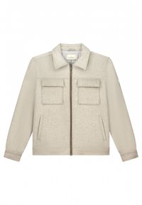 Light beige jacket in a textured fabric with a front zipper, two chest pockets, side pockets, and a classic collar. Machine-washable.