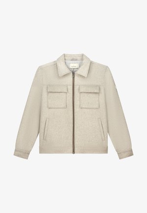 Jasnobeżowa kurtka z teksturowanej tkaniny z zamkiem błyskawicznym z przodu, dwoma kieszeniami na piersi, kieszeniami bocznymi i klasycznym kołnierzem. Można prać w pralce.