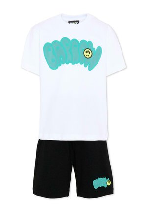 Ensemble composé d'un t-shirt blanc à manches courtes et d'un short noir avec le texte "BARROW" turquoise et un graphisme de visage souriant jaune sur les deux pièces.