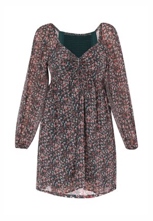 Virágmintás ruha átlátszó anyagból, sötétzöld alap, apró piros és fehér virágokkal, hosszú puffos ujjakkal és ráncolt mellrésszel.