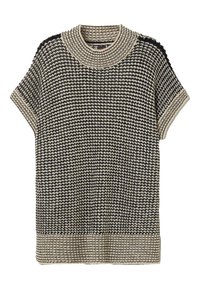 Kurzarmpullover im schwarz-creamfarbenen Hahnentritt-Muster, mit hohem Kragen und strukturiertem Strickstoff mit kontrastierender Borte.