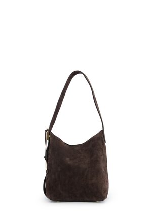Brown suede shoulder bag with a curved silhouette, a single strap, and a subtle sheen. Features a zip closure and minimal hardware accents.